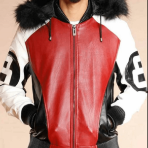 8 Ball Logo Fur Hooded Leather Jacket