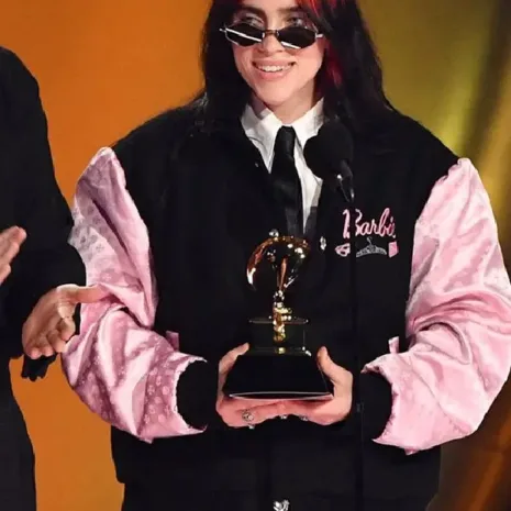 Billie Eilish the 2024 Grammy Awards Barbie Varsity Jacket1 The 2024 Grammy Awards Billie Elish Barbie-themed Letterman Jacket