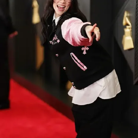 Billie Eilish the 2024 Grammy Awards Barbie Varsity Jacket3 Billie Eilish the 2024 Grammy Awards Barbie Varsity Jacket3