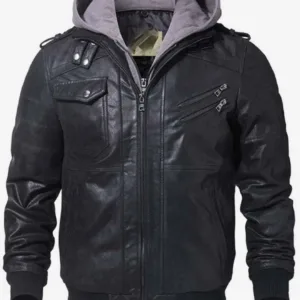 Black Bomber Hooded Zippered Leather Jacket
