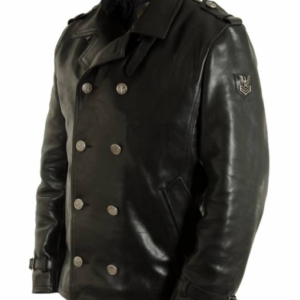 Black Leather Full Sleeves Pea Coat