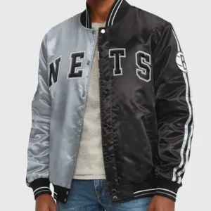 Brooklyn Nets Black and Gray Varsity Satin Jacket
