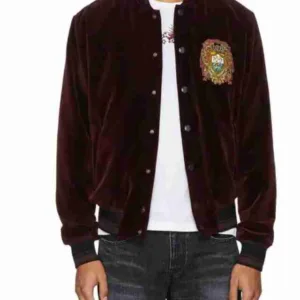 Burgundy Velvet Embroidered Bomber Jacket