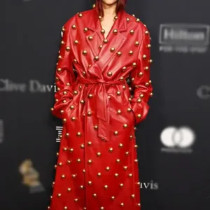 Pre-Grammy Gala 2024 Dua Lipa Red Leather Trench Coat