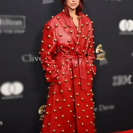 Dua Lipa Pre-grammy Gala Red Leather Coat1 Pre-Grammy Gala 2024 Dua Lipa Red Leather Trench Coat