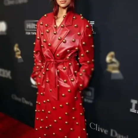 Dua Lipa Pre-grammy Gala Red Leather Coat2 Pre-Grammy Gala 2024 Dua Lipa Red Leather Trench Coat