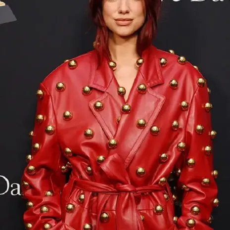 Dua Lipa Pre-grammy Gala Red Leather Coat3 Pre-Grammy Gala 2024 Dua Lipa Red Leather Trench Coat