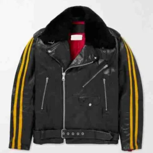 Faux Fur Trimmed Striped Leather Jacket