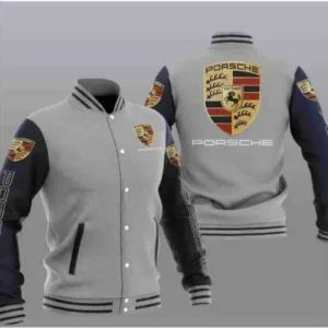 Grey Black Porsche Car Baseball Varsity Jacket