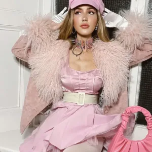 Mean Girls 2024 Reneé Rapp Fur Trim Pink Suede Jacket