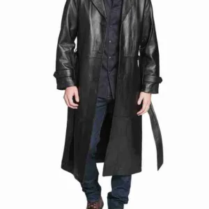 Men Leather Black Belted Leather Coat