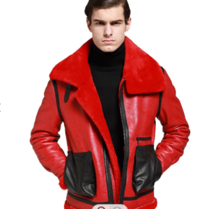 Men Red Leather Shearling Collar Jacket