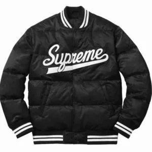 Men Varsity Puffy Satin Black Jacket