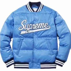 Men Varsity Puffy Satin Blue Jacket