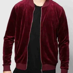 Men Velvet Velour Burgundy Bomber Jacket