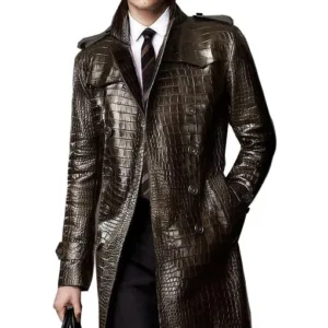Men?s Alligator Brown Double Breasted Leather Coat