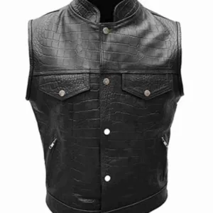 Men?s Alligator Motorcycle Black Leather Vest