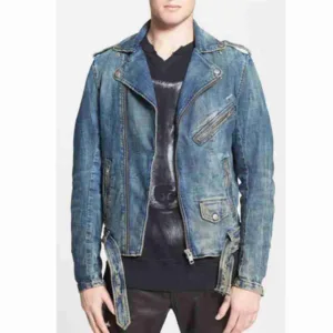 Men’s Biker Blue Jean Asymmetrical Zipper Jacket