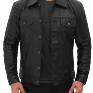 Mens Black Leather Trucker Jacket