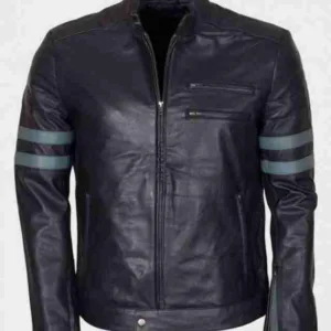 Mens Blue Stripe Mayhem Retro Black Biker Jacket