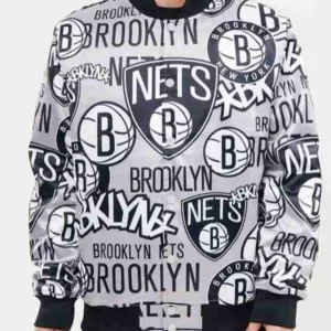 Mens Brooklyn Nets Collage Satin Jacket