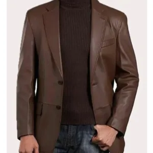 Men’s Classic Brown Two Button Leather Blazer