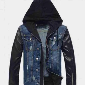 Mens Hooded Leather Denim Jacket