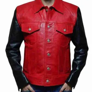 Men?s Red and Black Leather Buttoned Jacket