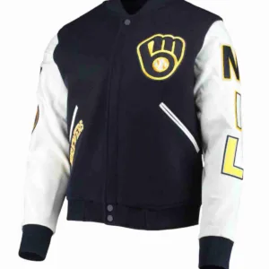 Milwaukee Brewers Blue and White Letterman Jacket