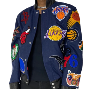 NBA Collage Wool & Leather Denim Blue Jacket