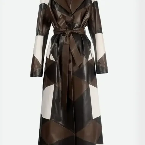 Nina Dobrev Patchwork Leather Trench Coat1 Nina Dobrev Patchwork Leather Trench Coat