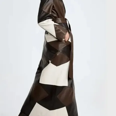 Nina Dobrev Patchwork Leather Trench Coat2 Nina Dobrev Patchwork Leather Trench Coat