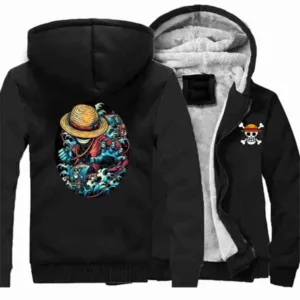 One Piece Luffy Black Fleece Bomber Jacket