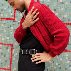 Riz Ahmed Crinkle Chiffon Red Jacket