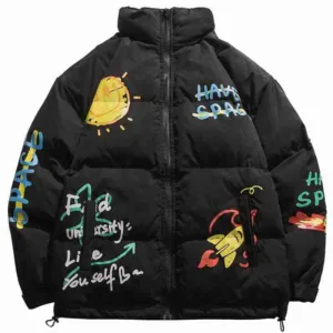 Space Letter Print Padded Black Parka