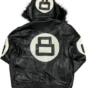 Unisex 8 Ball Black Bomber Hooded Leather Jacket