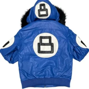 Unisex 8 Ball Blue Bomber Hooded Leather Jacket