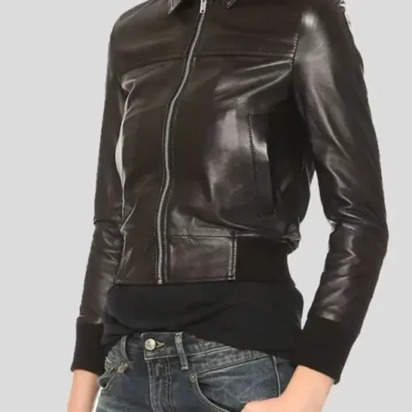 WOMENS BLACK LEATHER BOMBER JACKET2 WOMENS BLACK LEATHER BOMBER JACKET
