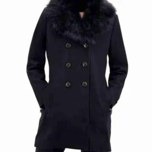 Women Faux Fur Trim Black Peacoat