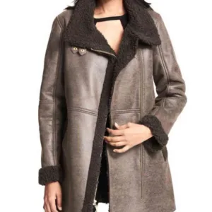 Women?s Asymmetrical Shearling Grey Leather Coat