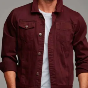 Men?s Casual Denim Burgundy Jacket